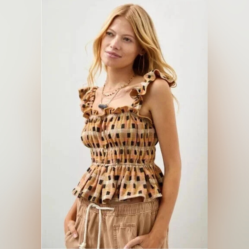 Eva Franco Ruffled Checkered Square Patterned Tan Multicolor Top Size Medium - Picture 2 of 13